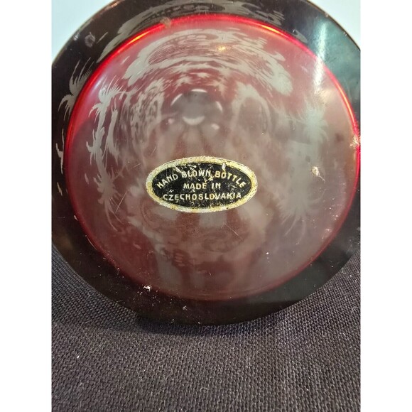 Bohemian Czech Ruby Red Hand Blown Cut to Clear Egermann-style Decanter w/ Label - Picture 7 of 9